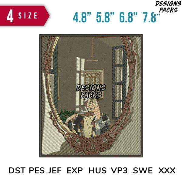 Embroidery design of person taking mirror selfie, available in 4 sizes & formats like PES, DST, EXP for instant download