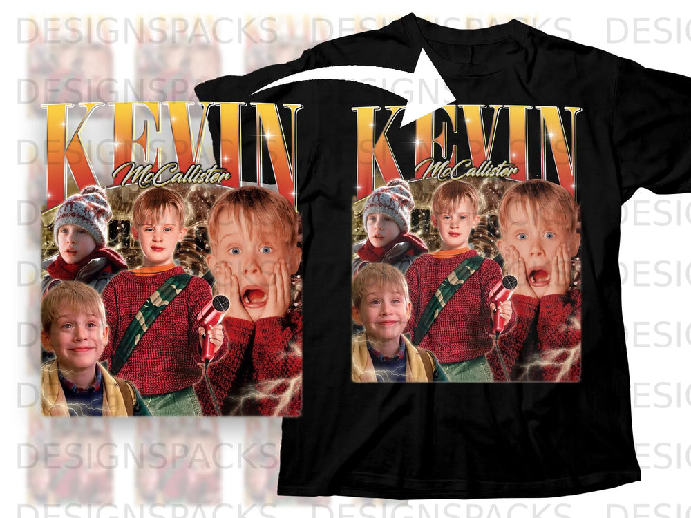 Kevin McCallister collage with lightning effects on a black t-shirt.