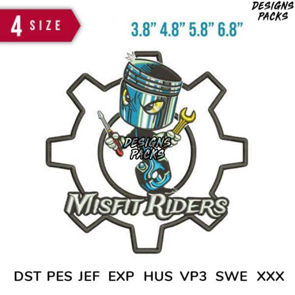 Misfit Riders gear-themed embroidery design in 4 sizes, compatible with DST PES JEF formats for instant download