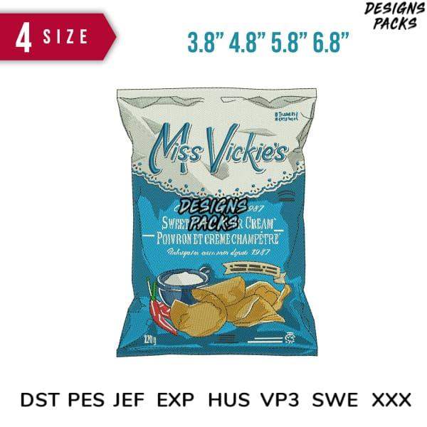 Miss Vickie's Sweet Packs & Cream chip bag design in 4 sizes, print-ready for embroidery formats DST PES JEF EXP