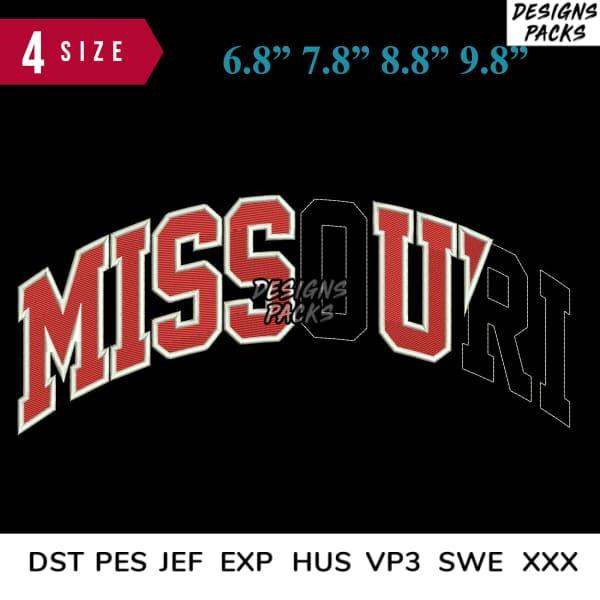 Missouri arched text design in red with white outline, available in multiple embroidery formats