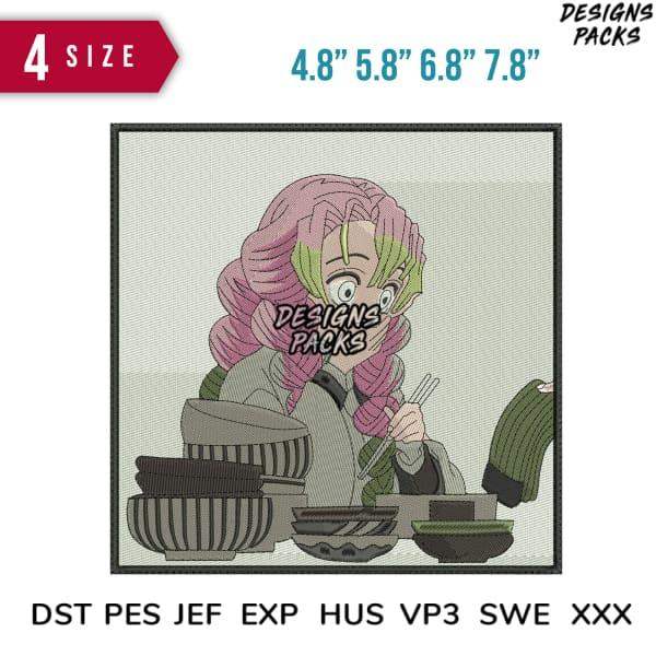 Anime character embroidery design with 4 size options, compatible with DST PES JEF formats for instant download.