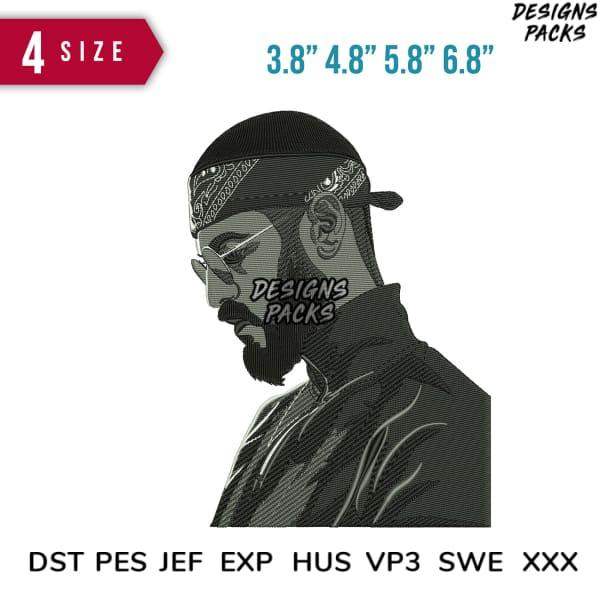 Embroidery design of bearded man in bandana, 4 sizes, DST PES JEF formats, print-ready