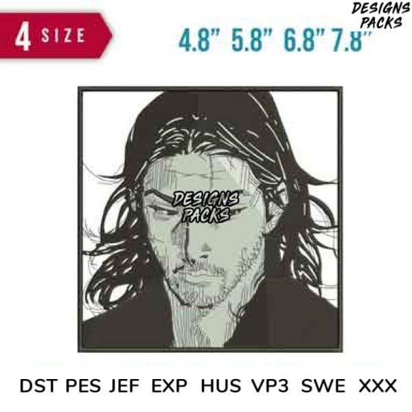 Print-ready embroidery design of a man's face in 4 sizes, DST PES JEF formats for DTG/DTF