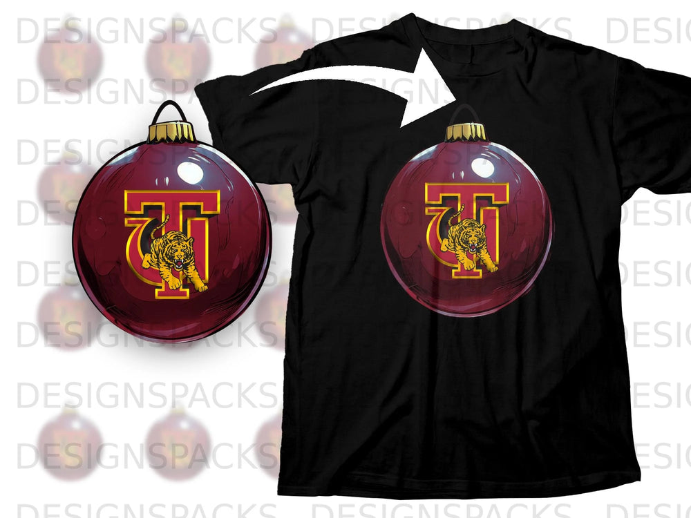 Christmas ornament with tiger and Greek letter inside, on black t-shirt.