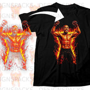 Black t-shirt with a muscular fighter engulfed in flames and celebrating.
