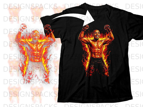 Black t-shirt with a muscular fighter engulfed in flames and celebrating.