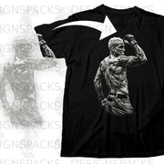 Black t-shirt with graphic of tattooed MMA fighter flexing, text "VENUM" on shorts.
