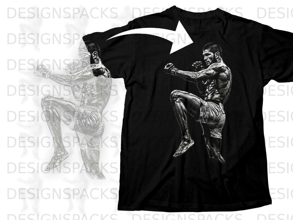Black t-shirt featuring a detailed black and white graphic of a fighter in mid-action pose.