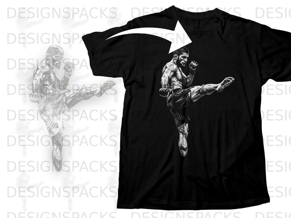 Black t-shirt with a black and white graphic of a fighter performing a kick.