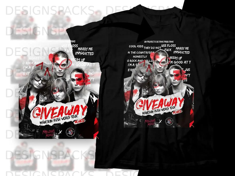 Maneskin Rush World Tour Mexico giveaway t-shirt with band members and text.