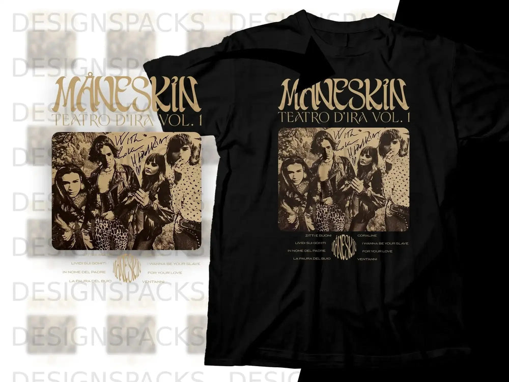 Maneskin Teatro d'IRA Vol. 1 black t-shirt with band photo and song titles.