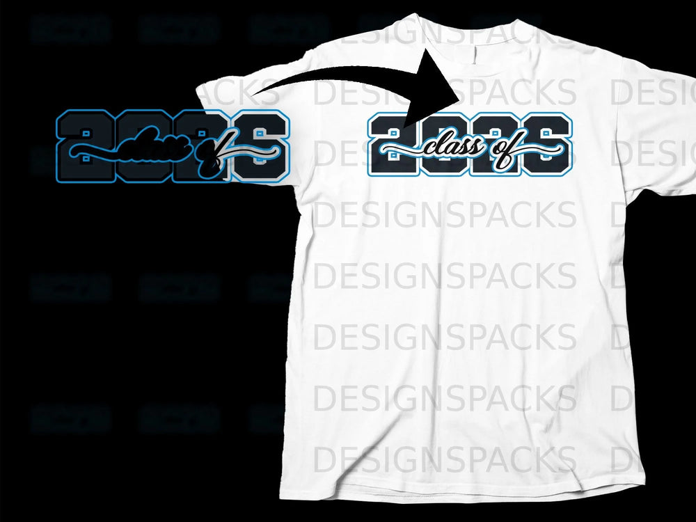 White t-shirt with "Class of 2025" graphic and a black arrow.