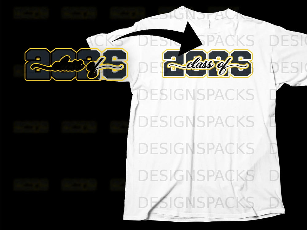 White t-shirt with "Class of [Year]" graphic in black and yellow.