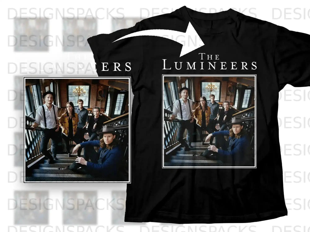 The Lumineers band posed on stairs in black t-shirt design.