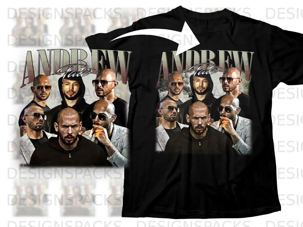 Black t-shirt with Andrew Tate's face and name printed on the front.