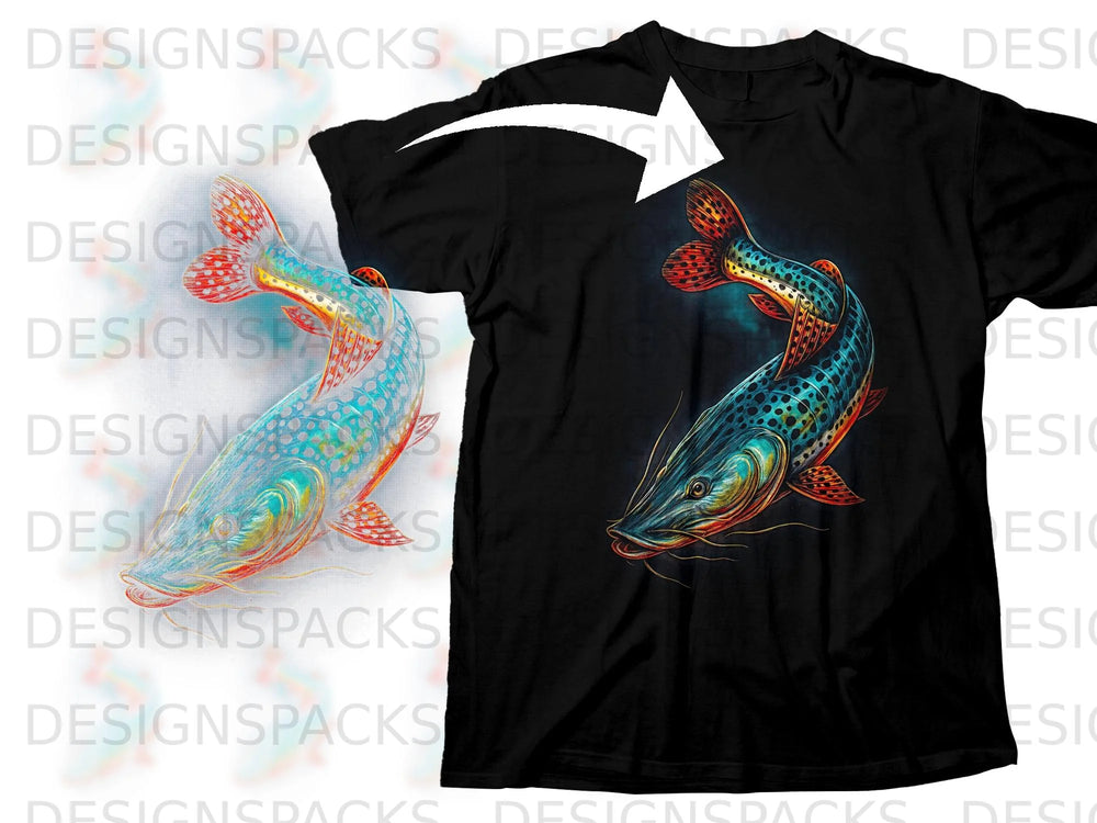 Black t-shirt with a colorful fish graphic, demonstrating design placement.