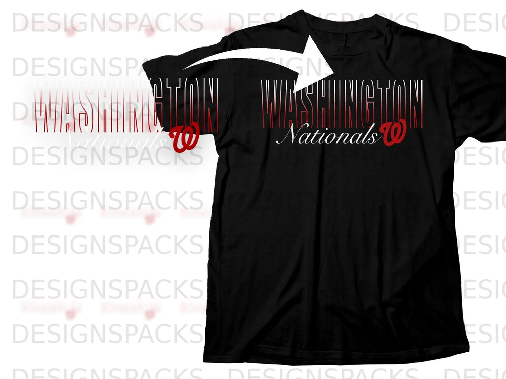 Washington Nationals graphic t-shirt with red and white lettering.