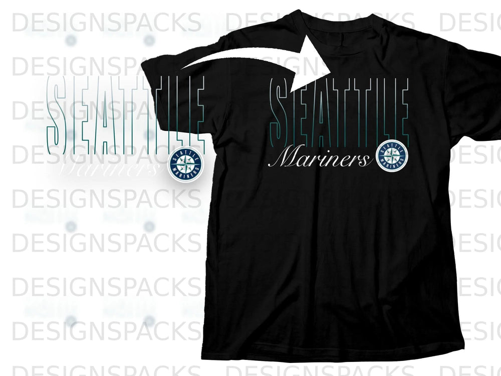 Black t-shirt with vertical "SEATTLE" text and Seattle Mariners logo.