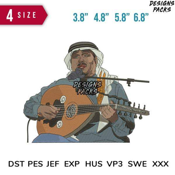 Arab musician playing oud with mic, embroidery design in DST PES formats for instant download