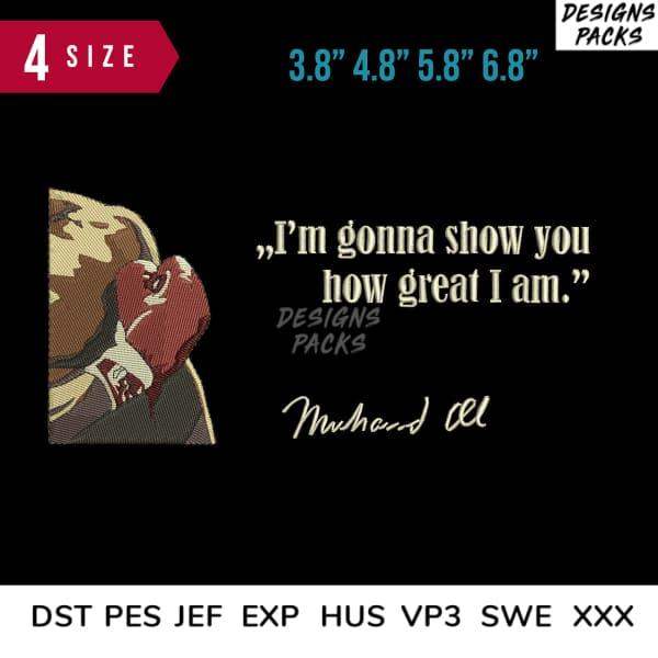 Muhammad Ali quote embroidery design with boxing glove, available in 4 sizes and multiple formats