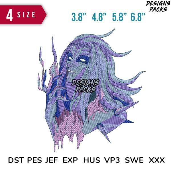 Purple fantasy character embroidery design in multiple sizes, print-ready formats included
