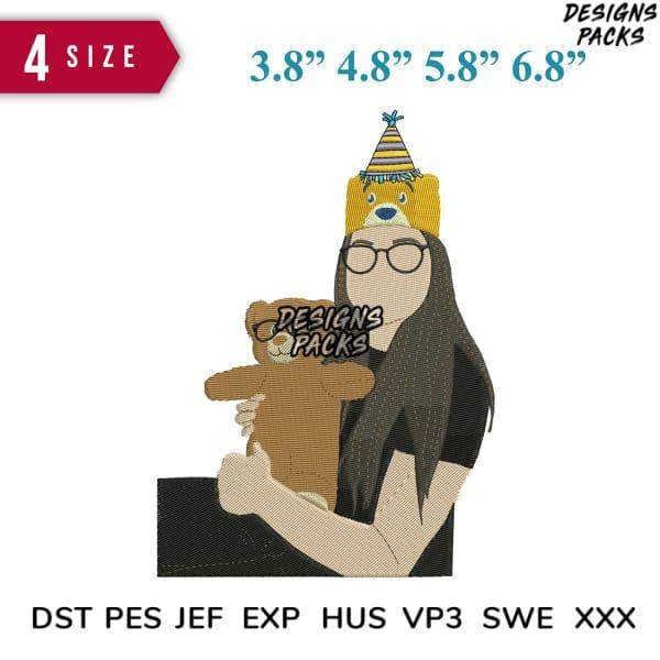 Embroidery design of girl with glasses holding teddy bear, party hat, 4 sizes, DST PES formats