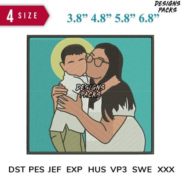 Mother hugging child embroidery design in 4 sizes, DST PES JEF formats for instant download