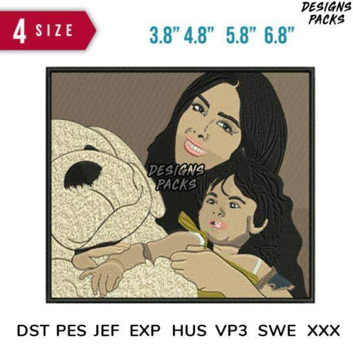 Embroidery design of mom and child with teddy bear, available in PES, DST, JEF formats, 4 sizes