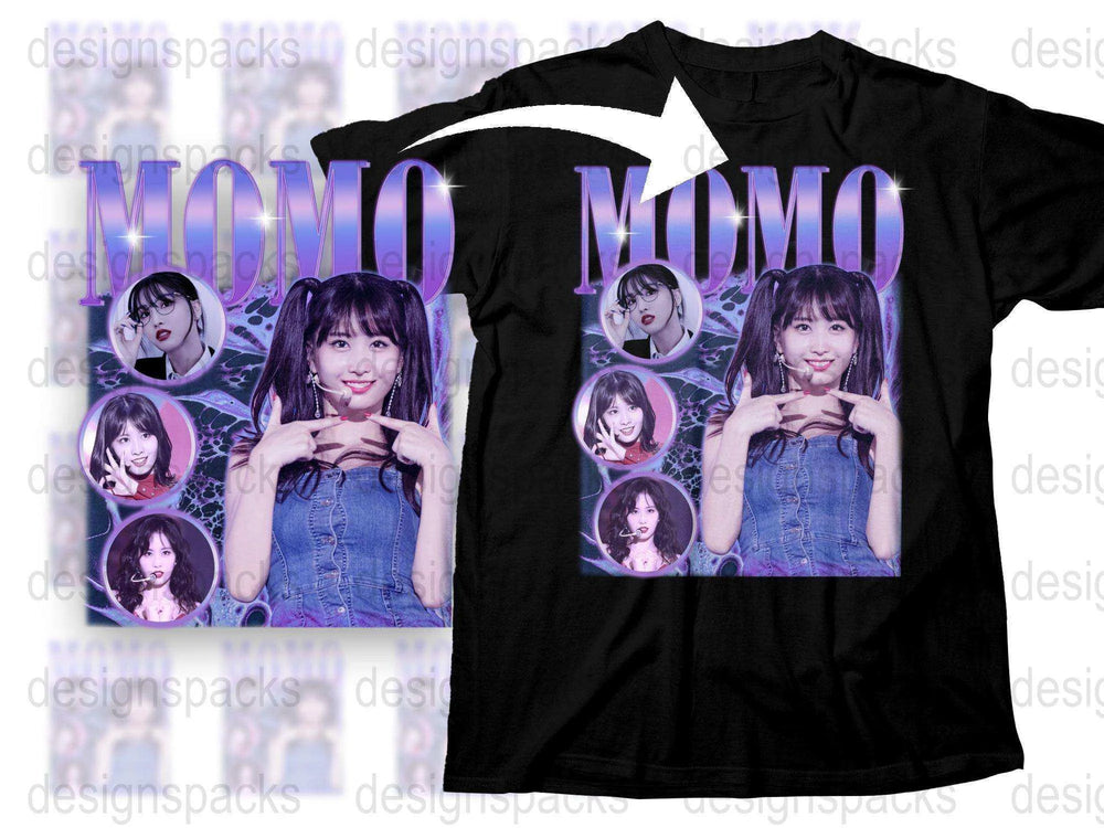 Momo Fan T-Shirt, Black Cotton Tee with Purple Design, K-Pop Star Photos, Unisex Styling