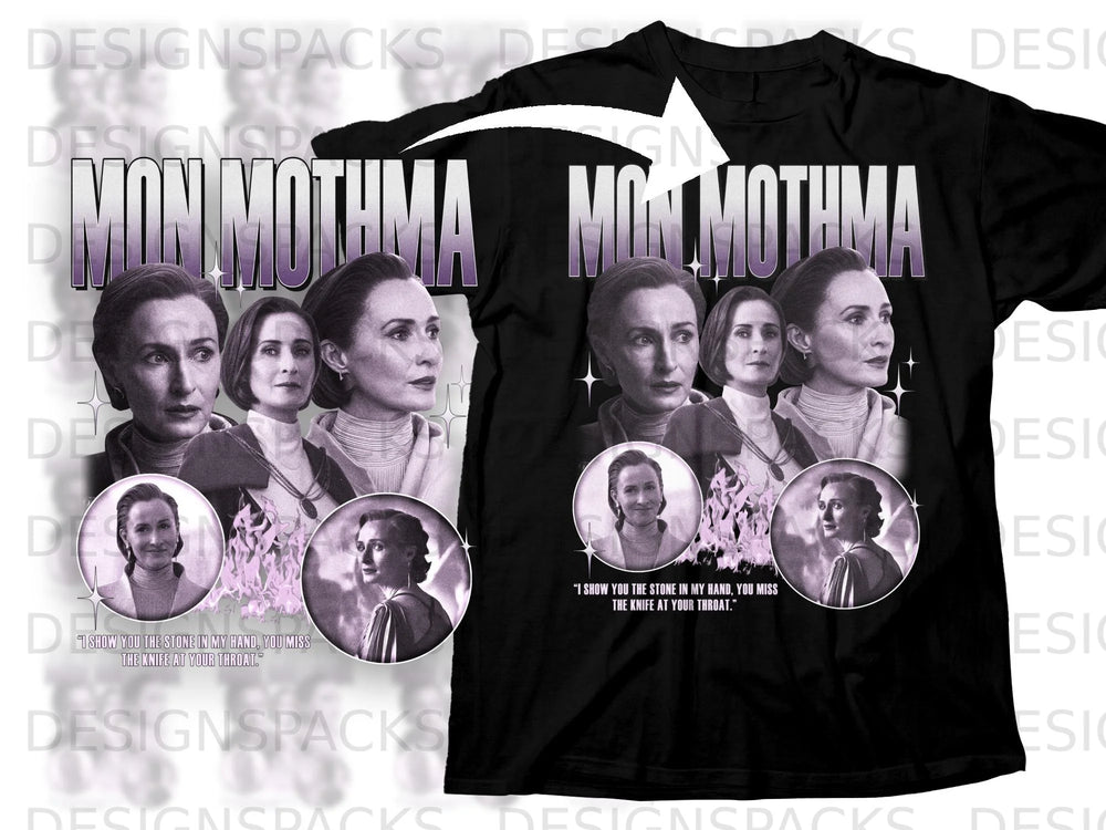 Mon Mothma graphic on a black t-shirt with character portraits and quote.