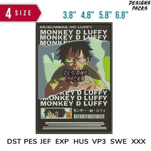 Monkey D Luffy embroidery design in 4 sizes, print-ready formats for DTG, DTF, and tumbler wraps