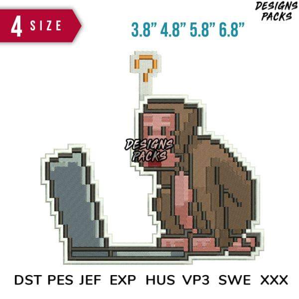 Pixel art monkey embroidery design in 4 sizes, compatible with DST PES JEF formats for DTG/DTF printing