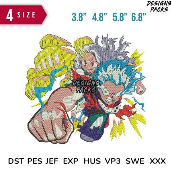 Anime-style embroidery design with 4 sizes, DTF/DTG-ready, PES/DST formats, dynamic action pose