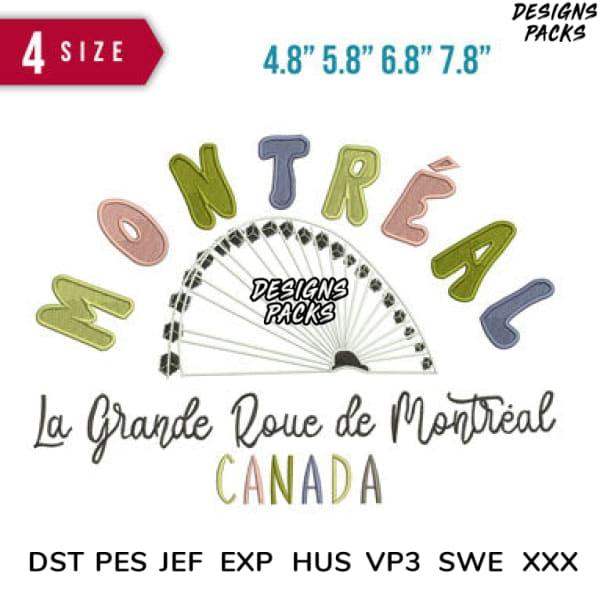 Montreal Ferris Wheel embroidery design in 4 sizes, compatible with DST PES JEF formats for Canada-themed projects