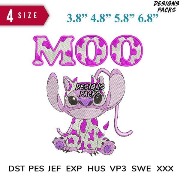 Cute pink cow print Stitch embroidery design with 'MOO' text, available in 4 sizes, DST PES formats