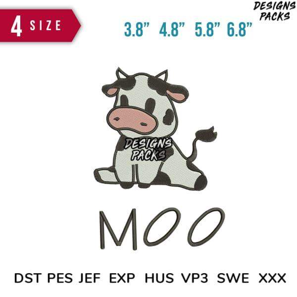 Cute cow embroidery design with 'MOO' text, available in 4 sizes and multiple formats for instant download.