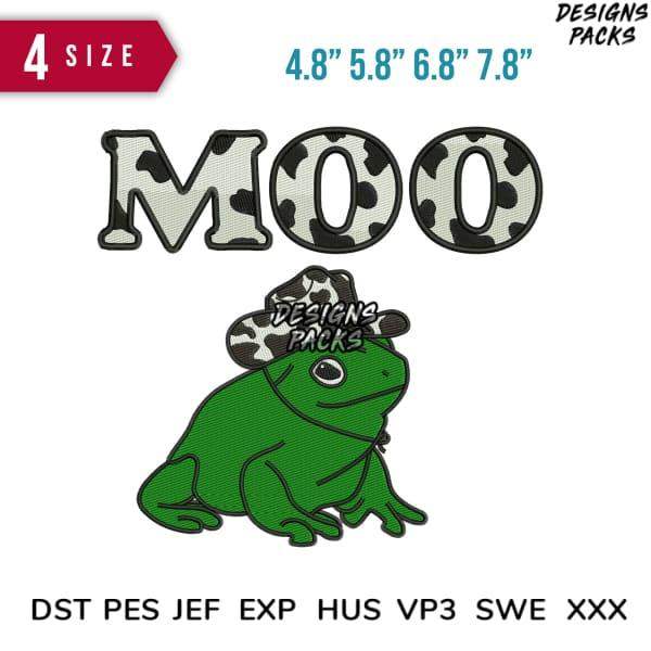 Cow print 'MOO' text with green frog wearing hat, embroidery design in 4 sizes, DST PES formats
