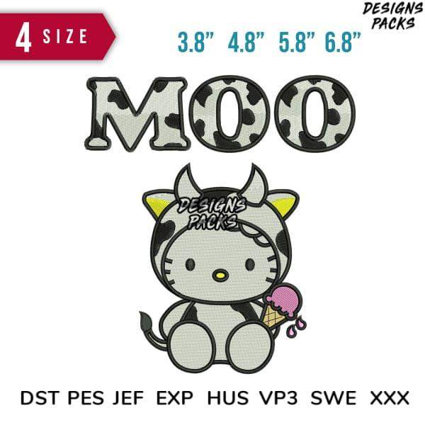 Cute cow-themed embroidery design with 'MOO' text, available in multiple sizes and formats