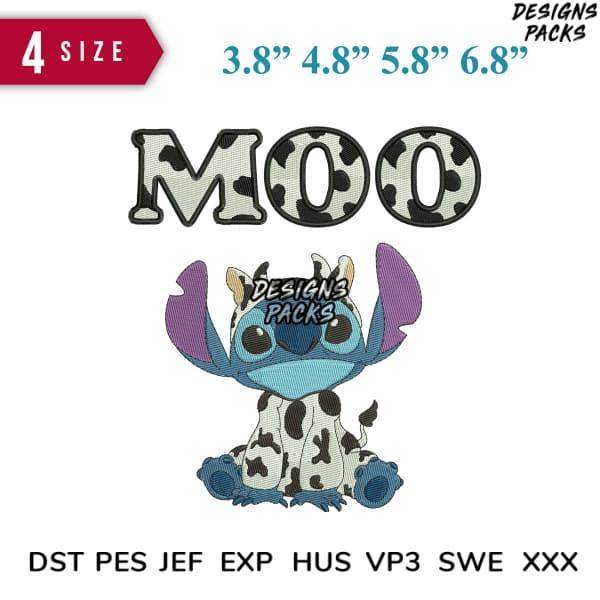Cow print Stitch embroidery design in 4 sizes, compatible with DST PES JEF formats for machine embroidery.