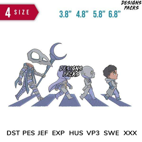 Embroidery design of four characters crossing street, 4 sizes, DST PES JEF formats, print-ready