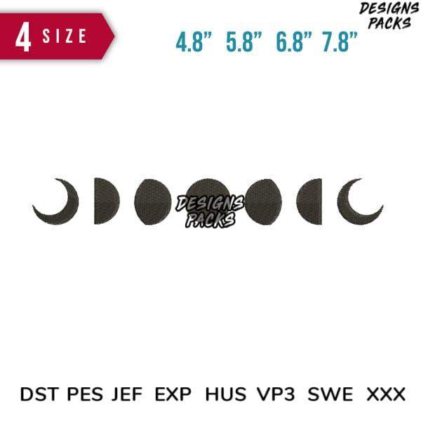 Moon phase embroidery designs in 4 sizes, compatible with DST PES JEF formats for instant download