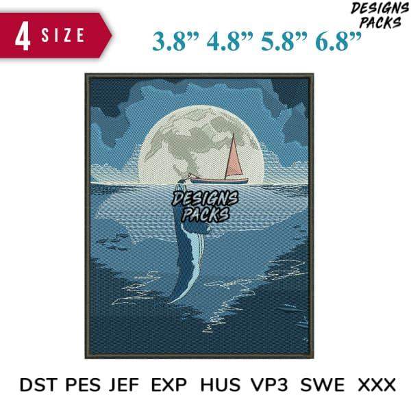 Sailboat under moon embroidery design in 4 sizes, compatible with DST PES JEF formats