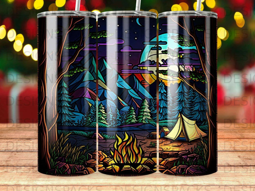 Moonlit Mountain Camp Tumbler Digital Wrap Design