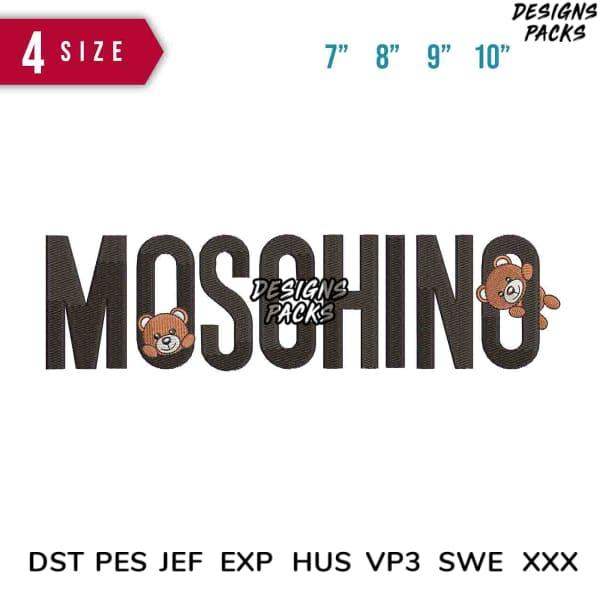 Moschino logo embroidery design with teddy bears, available in 4 sizes and multiple file formats for instant download.
