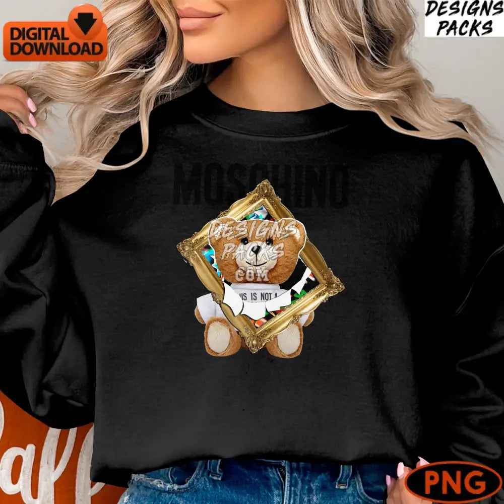 Moschino Inspired Teddy Bear Digital Art Golden Frame Instant Download Nursery Fashion Chic Png