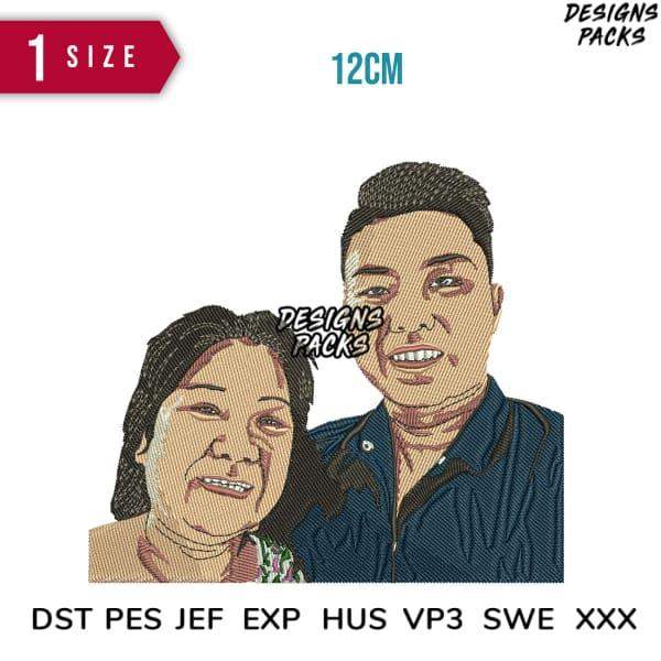 Custom embroidery design of smiling couple, 12cm size, DST PES JEF formats, print-ready for apparel