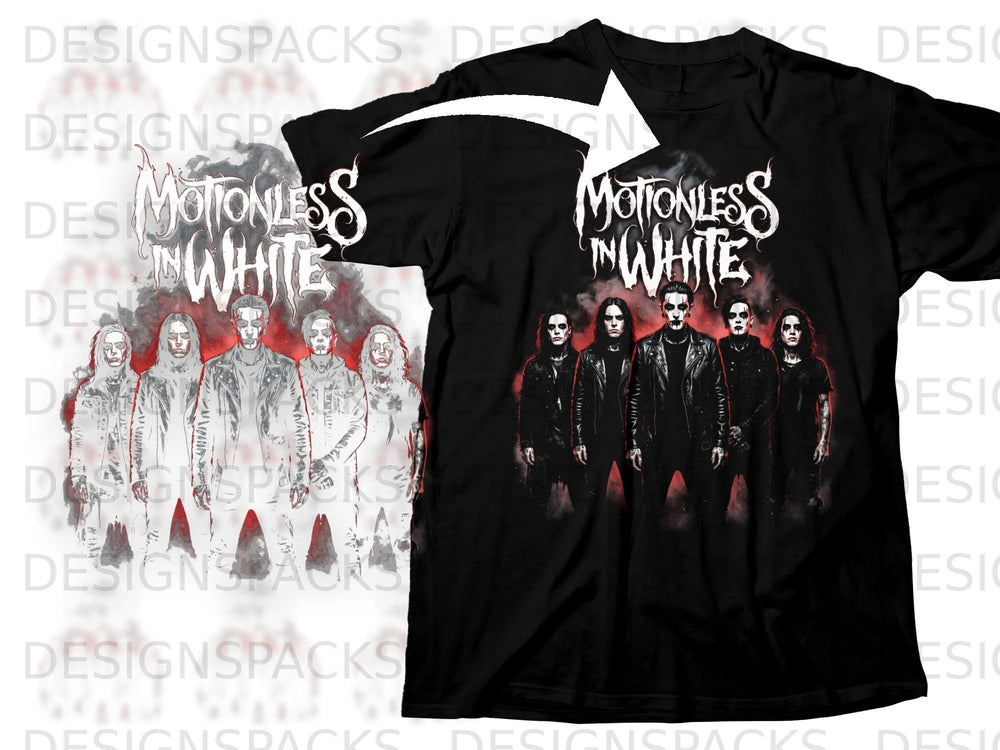 Black t-shirt featuring the band Motionless in White with five figures.