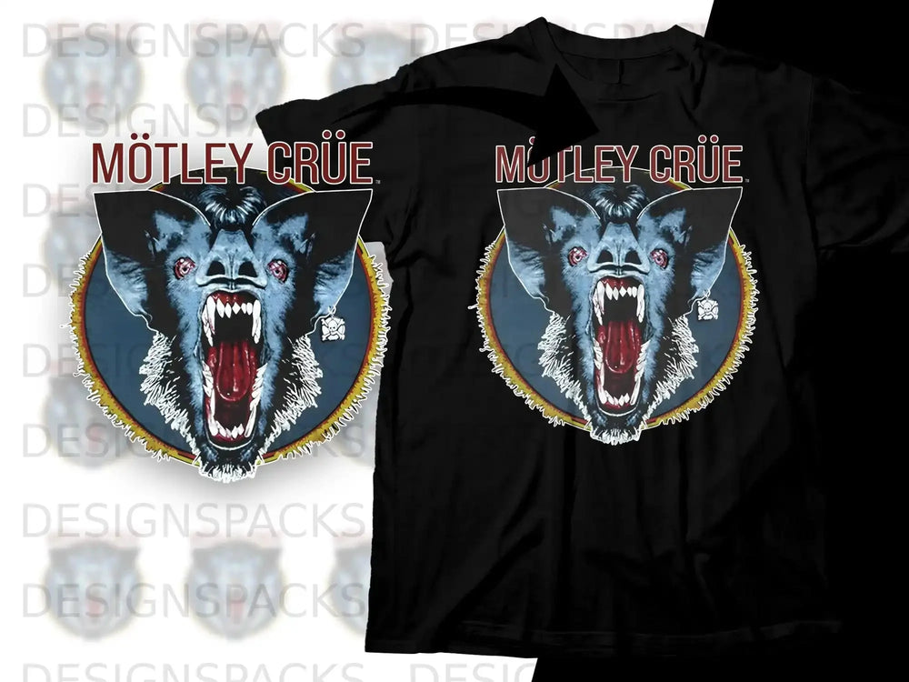 Mötley Crüe t-shirt with a snarling bat graphic.