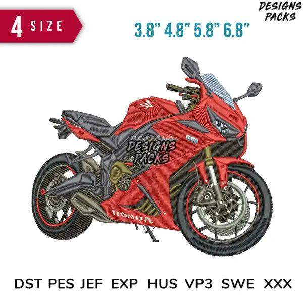 Red Honda motorcycle embroidery design in 4 sizes, print-ready formats for DTG, DTF, and tumbler wraps.